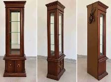 Tall wood curio cabinet with glass shelves and light!
