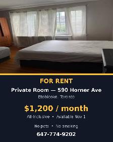 Private Room $1,200 All-Inclusive — 590 Horner Ave, Etobicoke