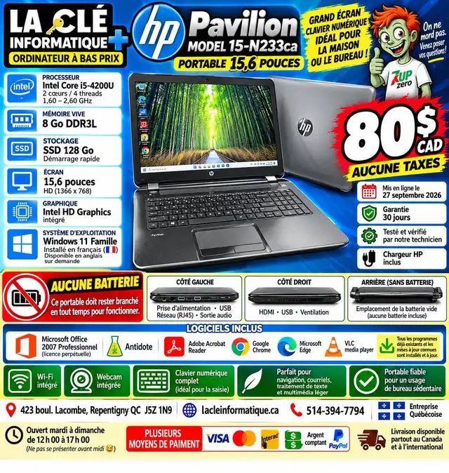HP Pavilion 15-n233ca Core i5-4200U • 8 Go DDR3L • SSD 128 Go •