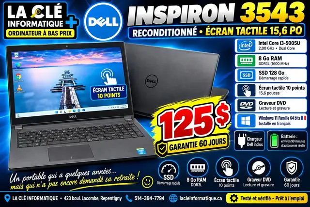 Dell Inspiron 15 3543 Core i3-5005U 8 Go DDR3L SSD 128 Go •