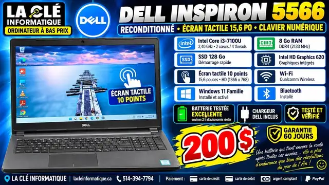 Dell Inspiron 5566 • Core i3-7100U • 8 Go DDR4 • SSD 128 Go