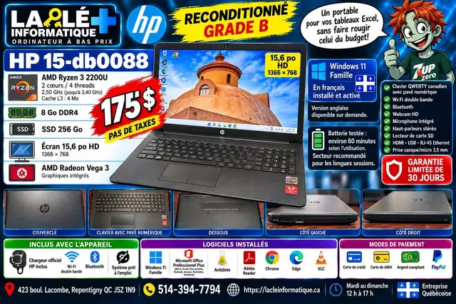 HP 15-db0088 — AMD Ryzen 3 2200U — 8 Go DDR4 — 256 Go SSD —