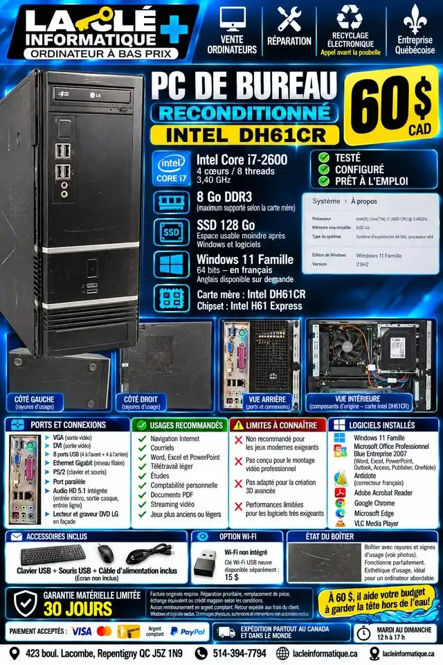 ️ PC DE BUREAU Intel DH61CR • Intel Core i7-2600 • 8 Go DDR3 •