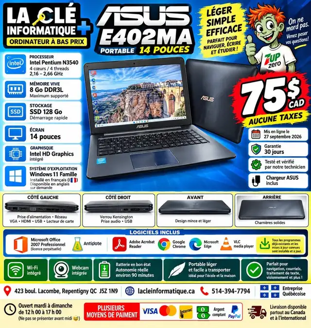ASUS E402MA• Pentium N3540 Quad-Core • 8 Go DDR3L • SSD 128 Go
