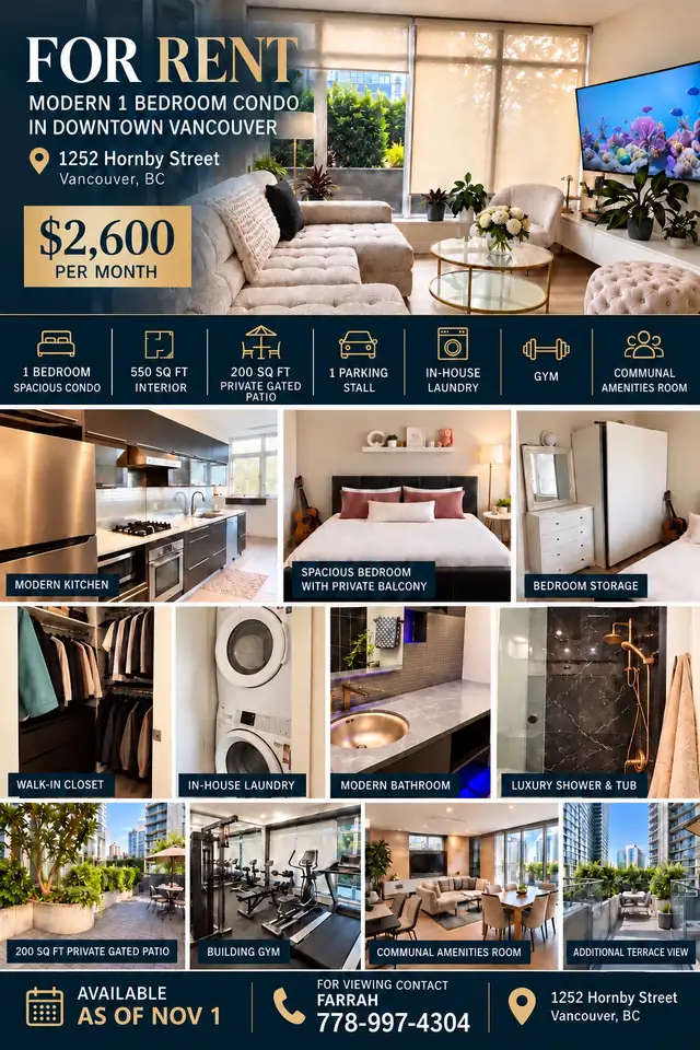 Spacious D/T Condo 1 bed/1 bath/1 parking stall