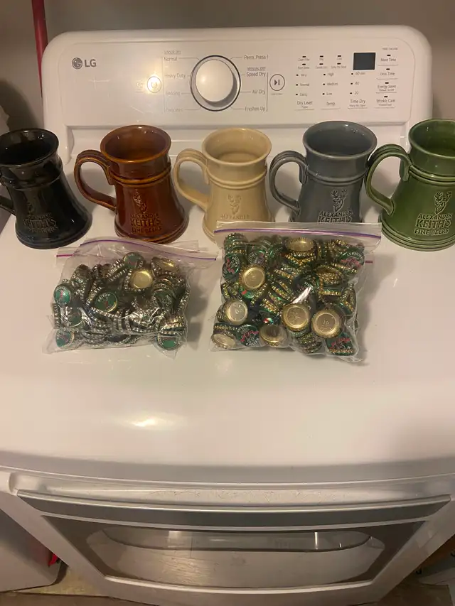 Keith’s collectible mugs and bottle caps