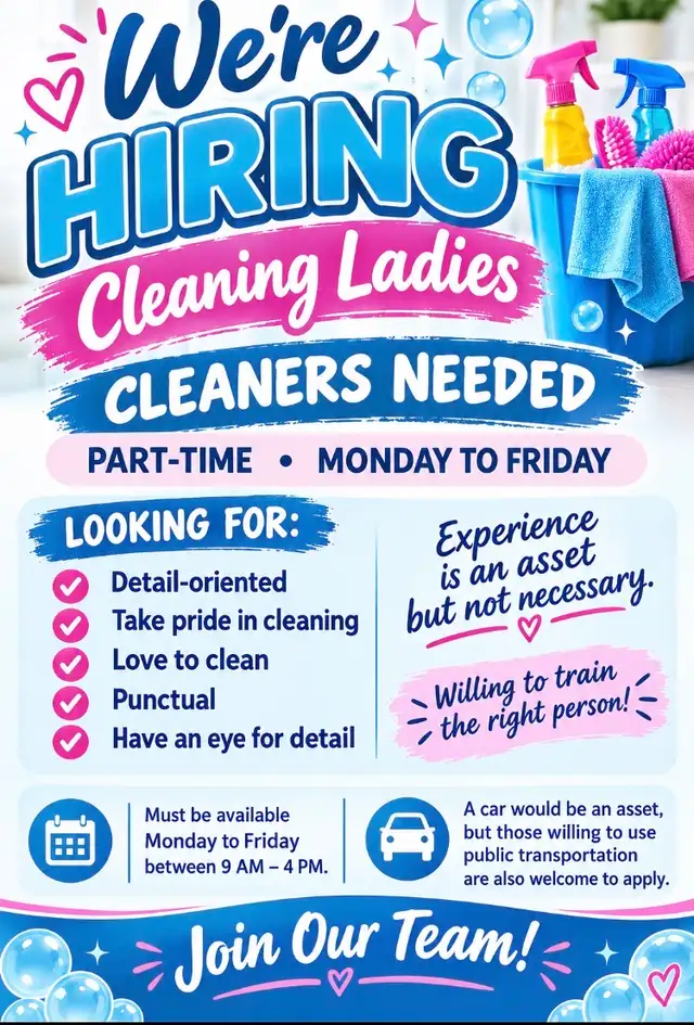 We’re hiring Cleaning Ladies