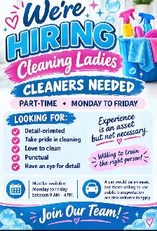 We’re hiring Cleaning Ladies