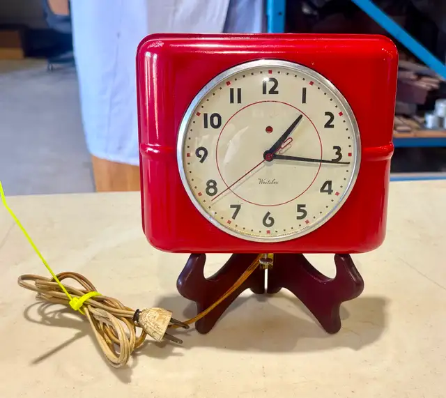 Vintage Red Metal ‘Belfast’ Wall Clock  ("Westclox". c. 1940s)
