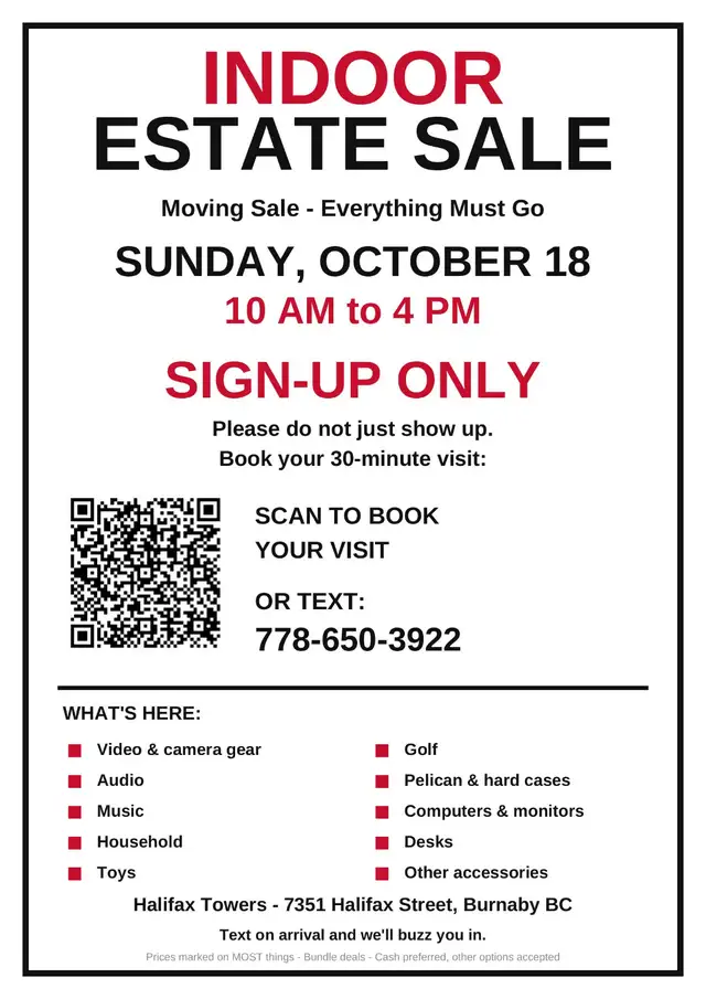 Indoor Estate Sale — Sun Oct 18, 10 AM–4 PM — Halifax Towers