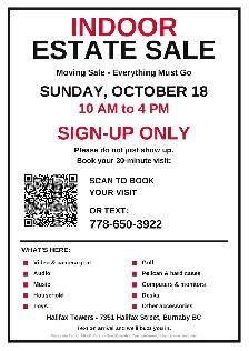 Indoor Estate Sale — Sun Oct 18, 10 AM–4 PM — Halifax Towers