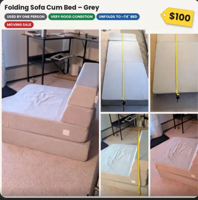 Folding Sofa Bed - Grey - Unfolds to 74 inch Bed
