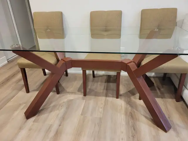 71' Glass Modern Dining Table Set with 6 Fabric Chairs for Sale