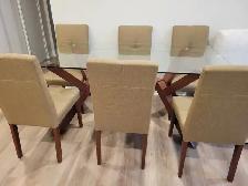 71' Glass Modern Dining Table Set with 6 Fabric Chairs for Sale - Photo 2