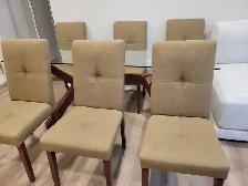 71' Glass Modern Dining Table Set with 6 Fabric Chairs for Sale - Photo 3