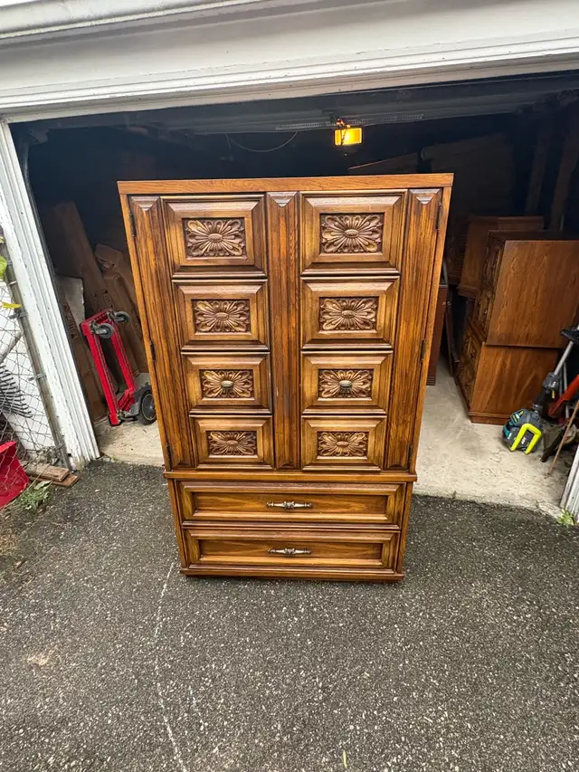 Free delivery used Vintage Armoire with Carved Floral Details