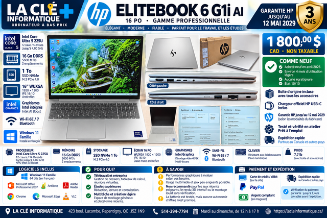 HP EliteBook 6 G1i AI 16 po – Core Ultra 5 225U – 16 Go DDR5 –