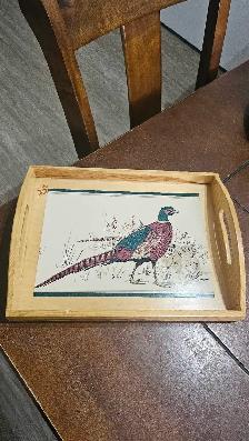 Plateau/cabaret vintage en bois (motif Faisant/oiseau)