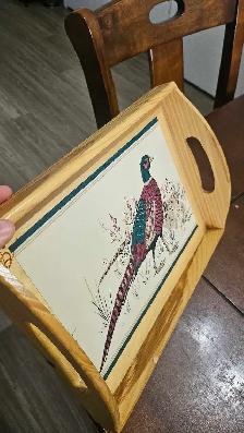 Plateau/cabaret vintage en bois (motif Faisant/oiseau) - Photo 3
