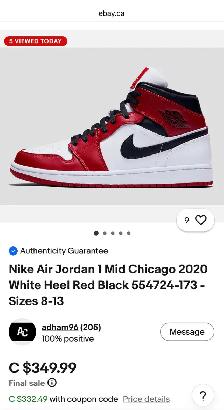 Nike Air Jordan 1 Mid Chicago Red White Black - Photo 8