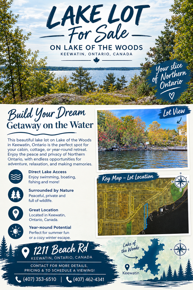 Lakefront lot FOR SALE in Kenora, on beautiful Lake