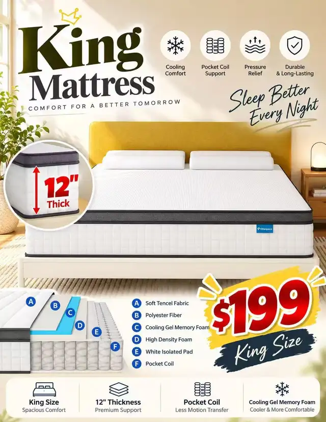 Brand New King Size 12-Inch Pocket Coil Mattress Special $199