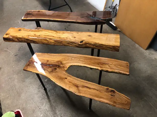 Black walnut and oak benches.