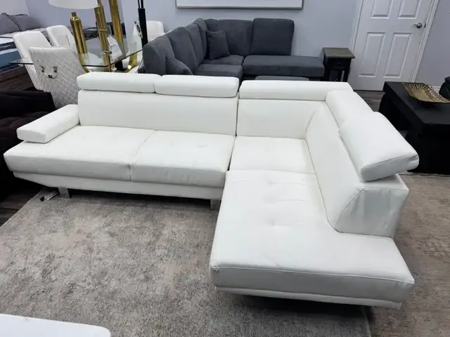 New White PU Upholstered Sectional Sofa, Adjustable Headrest
