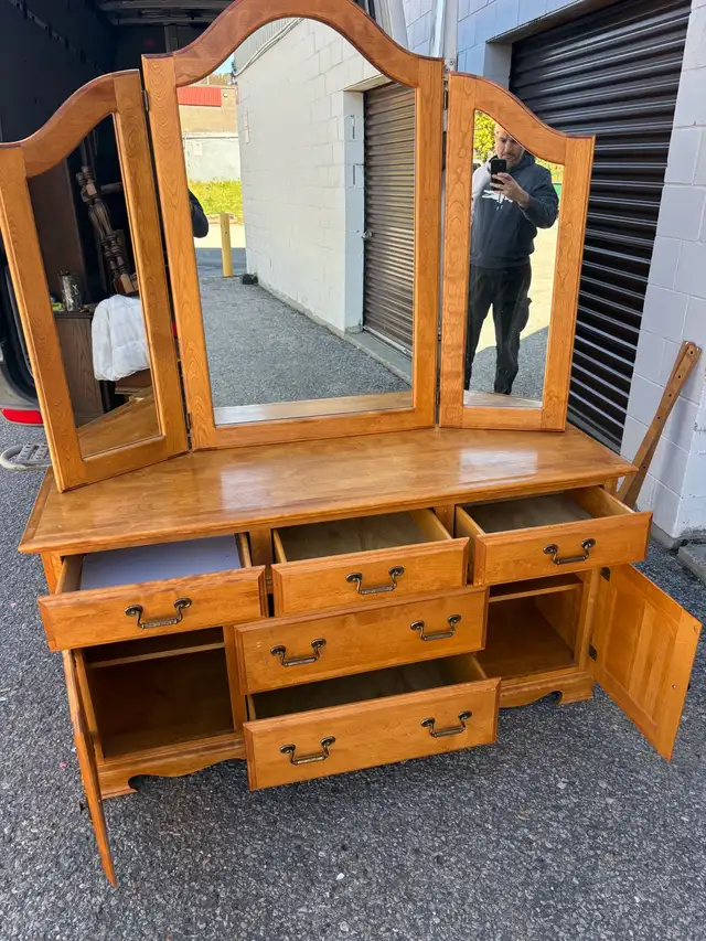 Free delivery used Wooden Vanity with Tri-fold Mirror