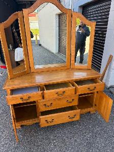 Free delivery used Wooden Vanity with Tri-fold Mirror