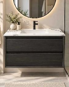 30' Walnut Bathroom Vanity with Quartz Countertop & Backsplash