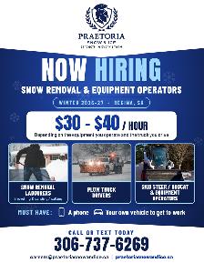 Snow Removal Labourers & Equipment Operators $30 To $40/hr