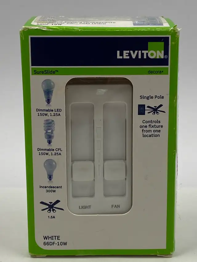 Leviton 66DF-10W SureSlide Ceiling Fan & Dimmer Switch Control