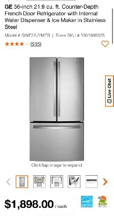 GE 36''21.9 cu.ft.French door Refrigerator with Water Dispenser