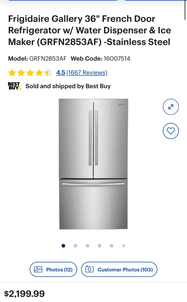 36''French Door Refrigerator/Water Dispenser& Ice Maker