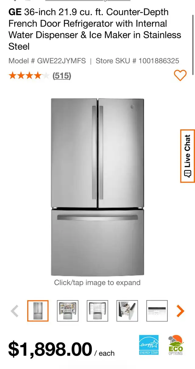GE 36''21.9 cu.ft.French door Refrigerator with Water Dispenser