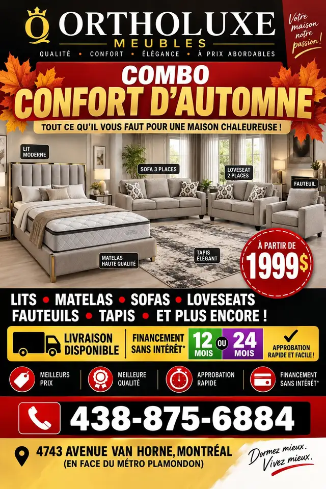 Combo Confort d'Automne – Lit, Matelas, Salon – 1 999$ Montréal