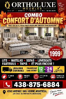 Combo Confort d'Automne – Lit, Matelas, Salon – 1 999$ Montréal