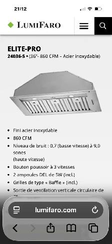 4 modèles de hottes encastrées 22-28-30-36 po
