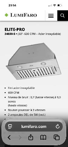 4 modèles de hottes encastrées 22-28-30-36 po - Photo 4