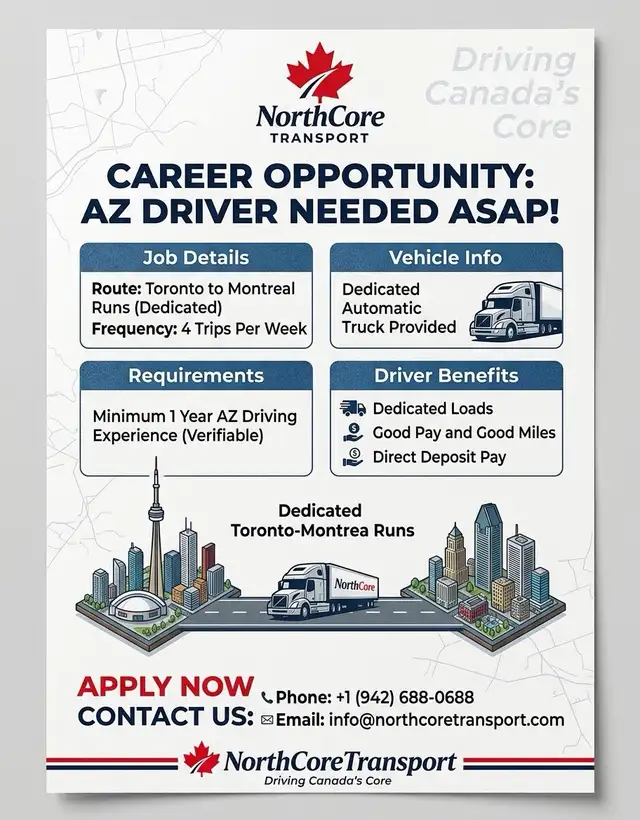 AZ DRIVER NEEDED FOR MONTREAL RUNS
