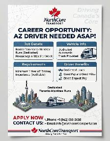 AZ DRIVER NEEDED FOR MONTREAL RUNS