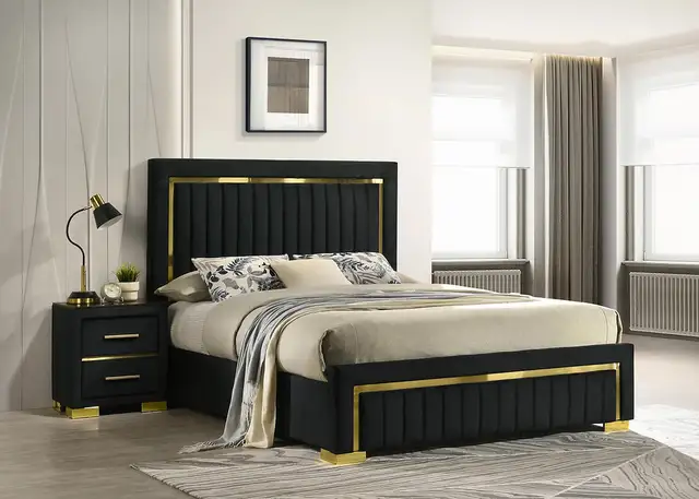 VELVET BED  DEEP VERTICAL TUFTING ON HEADBOARD AND GOLD ACCENT..