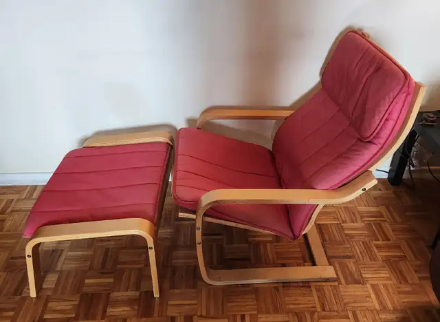 Armchair – IKEA POÄNG Armchair   Footstool – Birch Veneer / Red
