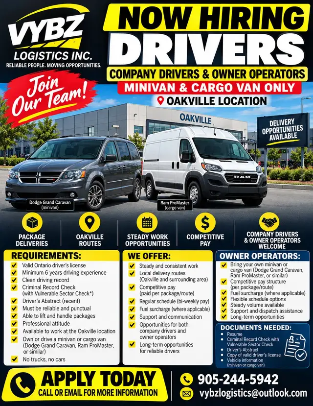 Delivery Drivers & Owner Operators Needed – Oakville