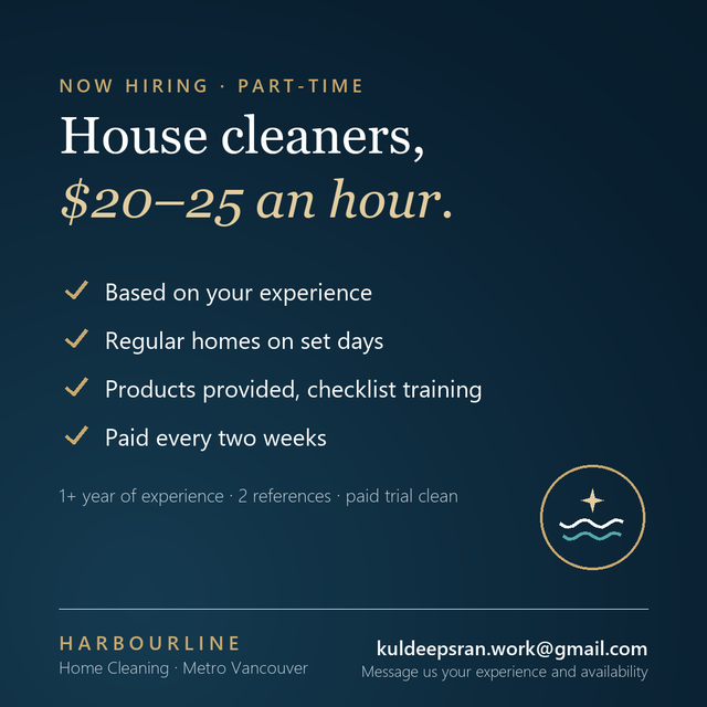 House Cleaners: Part-Time $20-25/hr or Contract Flat Fee