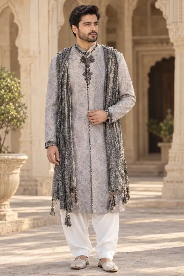 Mens Grey Embroidered Sherwani Kurta