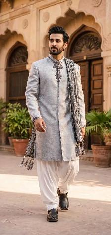 Mens Grey Embroidered Sherwani Kurta - Photo 2