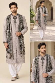 Mens Grey Embroidered Sherwani Kurta - Photo 4
