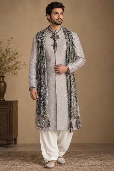 Mens Grey Embroidered Sherwani Kurta - Photo 5